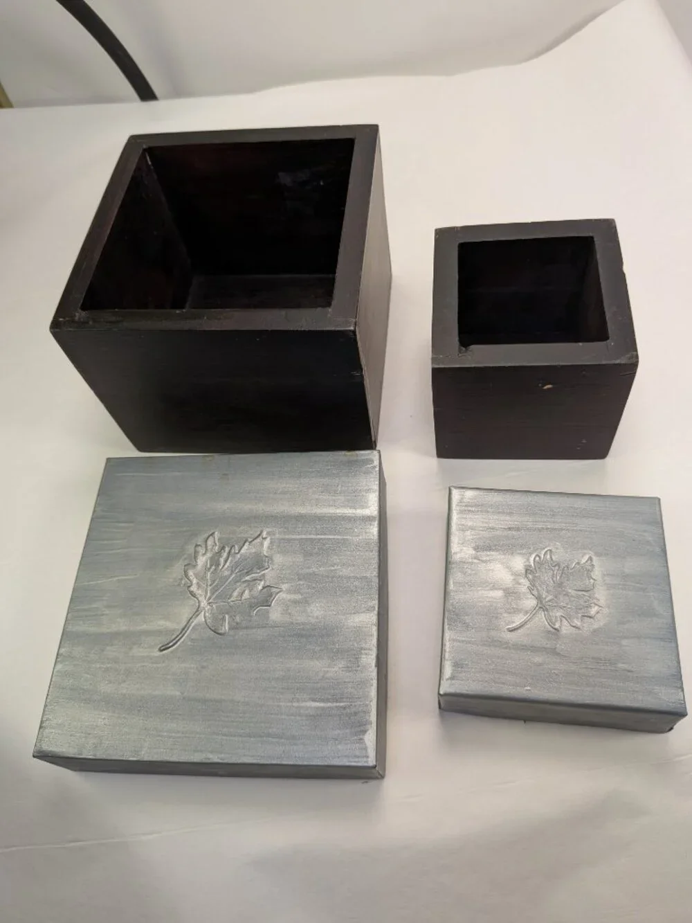Embossed (2) Metal Leaf Trinket Boxes Rustic Boho Decor with Silver-Tone Lids